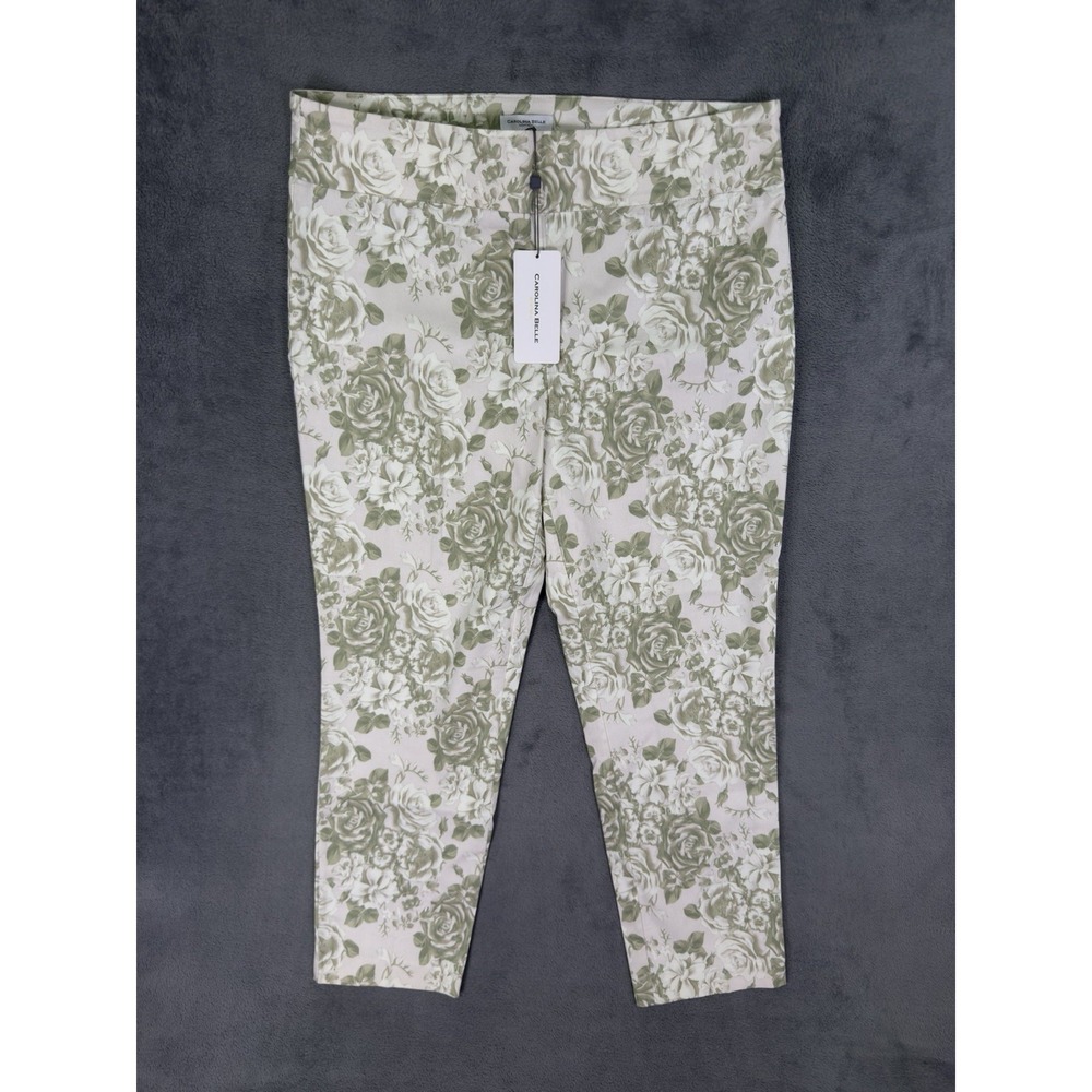 New Carolina Belle Pants Womens 14 Cream Green Floral Pull On High Rise Straight